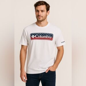 Columbia Men’s Large American Flag Logo Tee – White – NWT